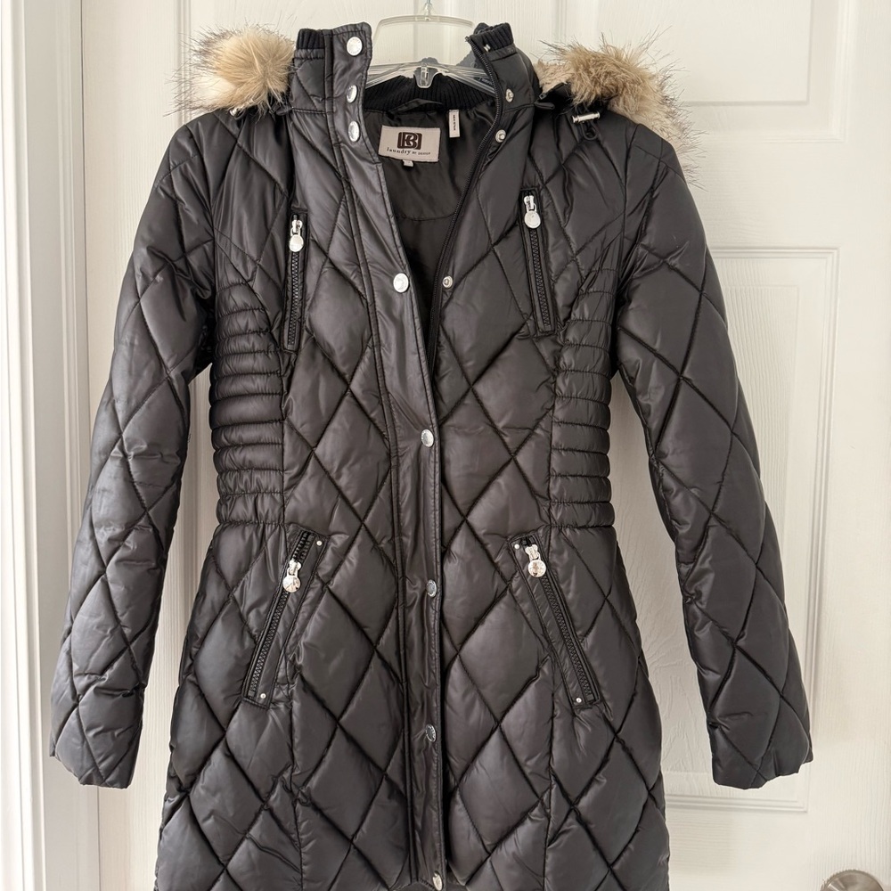 Laundry by Design Black Quilted Puffer Coat with Fur Hood - Size M
